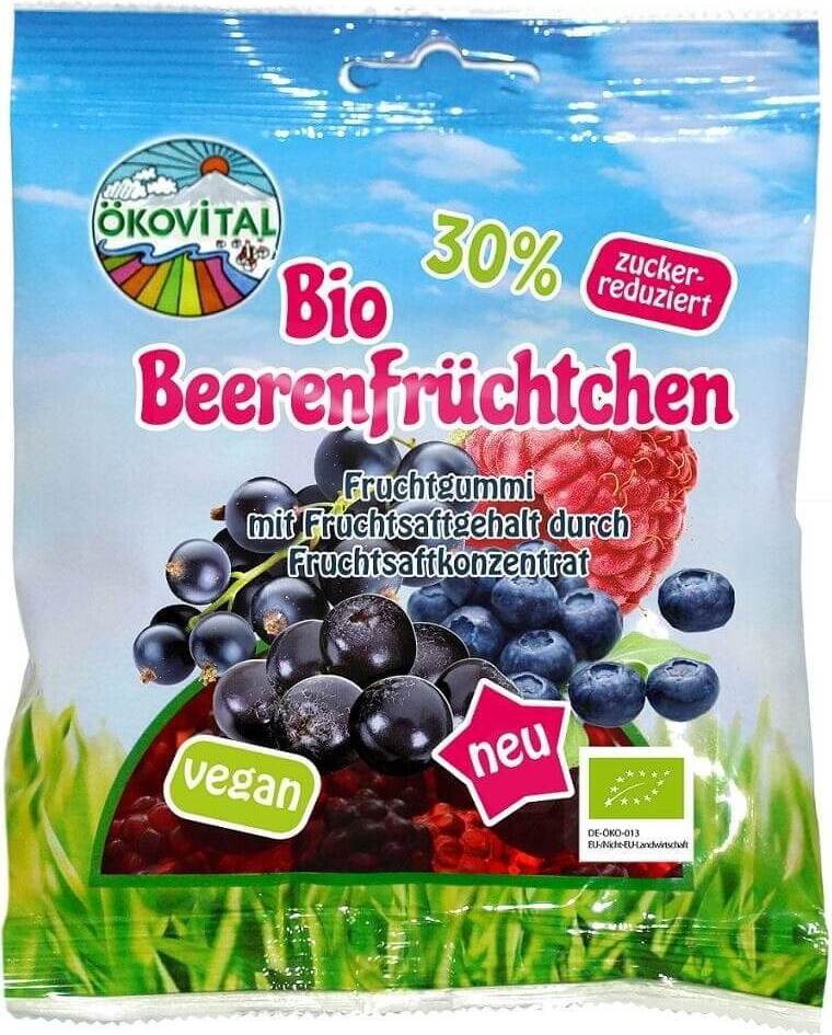 Bio Fruchtgummis ohne Gelatine und Gluten, glutenfrei, 80 g von OKOVITAL, bunte Gummibärchen auf weißem Hintergrund