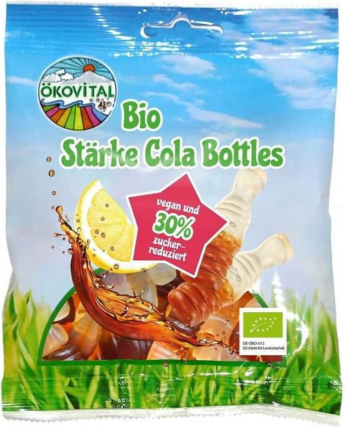 Gelatinefreies Cola-Gelee von OKOVITAL, glutenfrei und biologisch, in einer 80 g Packung, mit dunkler Cola-Farbe und Glanzeffekt