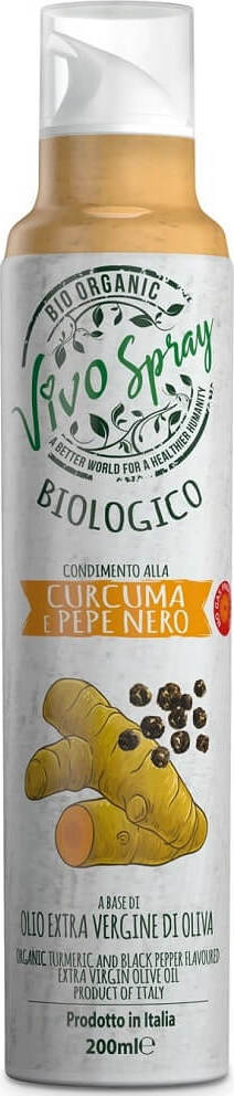VIVO SPRAY Bio Olivenöl extra mit Kurkuma- und Pfeffergeschmack im 200 ml Spray, flüssiges Olivenöl in Sprayflasche