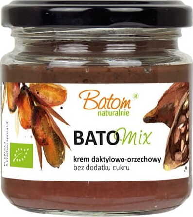 Bio Dattel- und Kakaocreme mit Haselnüssen von BATOM in 200 g, cremige Nuss- und Fruchtzubereitung in Glas.