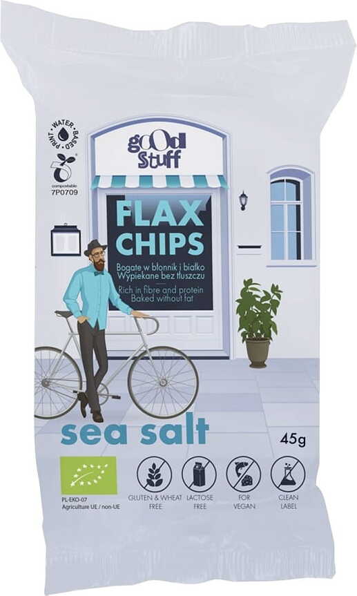 Knackige Leinchips mit Meersalz, glutenfrei gebacken, BIO, 45 g von GOOD STUFF, auf weißem Hintergrund.
