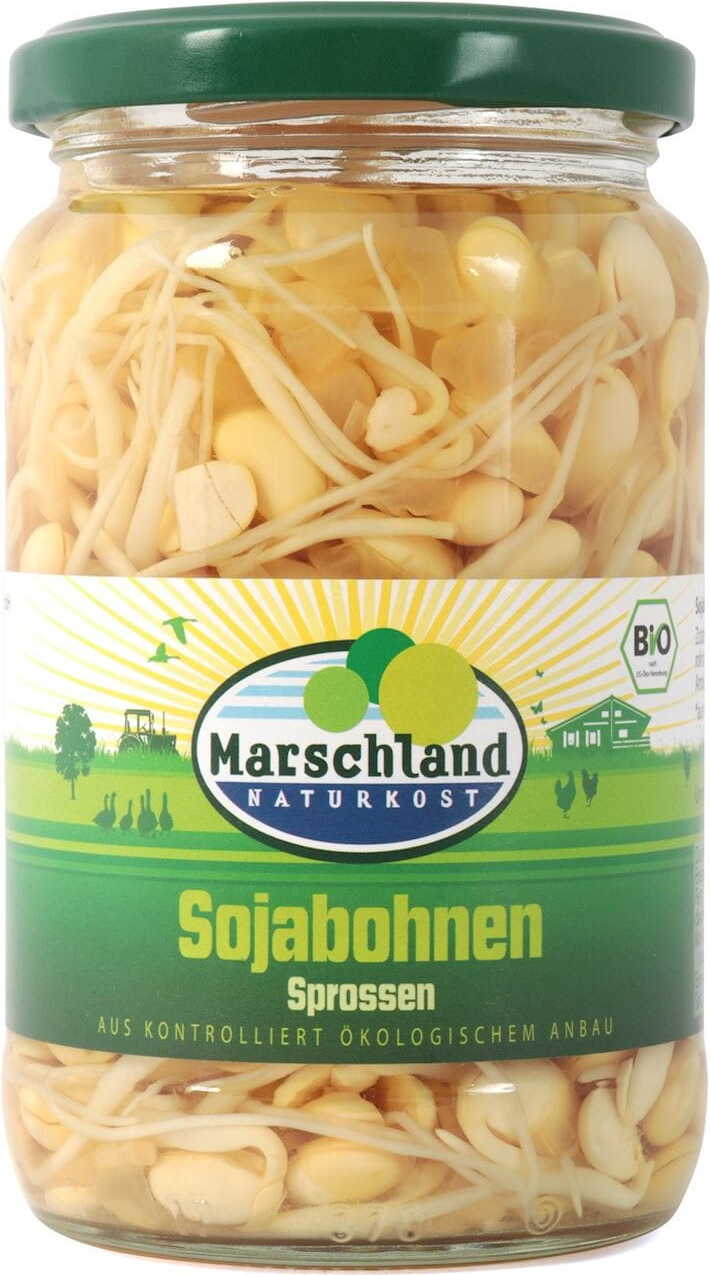 Bio Sojasprossen in Salzlake von MARSCHLAND NATURKOST, frisch und knackig, in 330 g Packung, auf dem Bild sichtbar