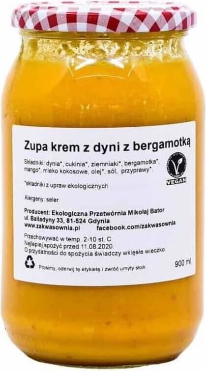 Kürbiscremesuppe mit Bergamotte von ZAKWASOWNIA in 900 ml Bio-Glas, cremige Suppe mit Kürbis und Bergamotte-Aromen