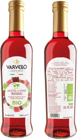 Bio Rotweinessig von VARVELLO in 500 ml Flasche, dunkle Flüssigkeit mit rotbrauner Farbe, ideal für Salate und Dressings