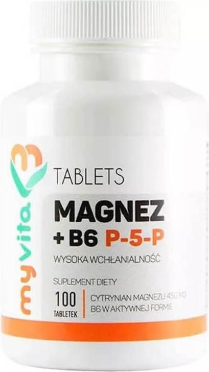 Aktive MYVITA Magnesiumcitrat + B6 Tabletten, 100 Stück, für Muskelentspannung und Energie, Nahaufnahme der Tabletten in einer Packung.