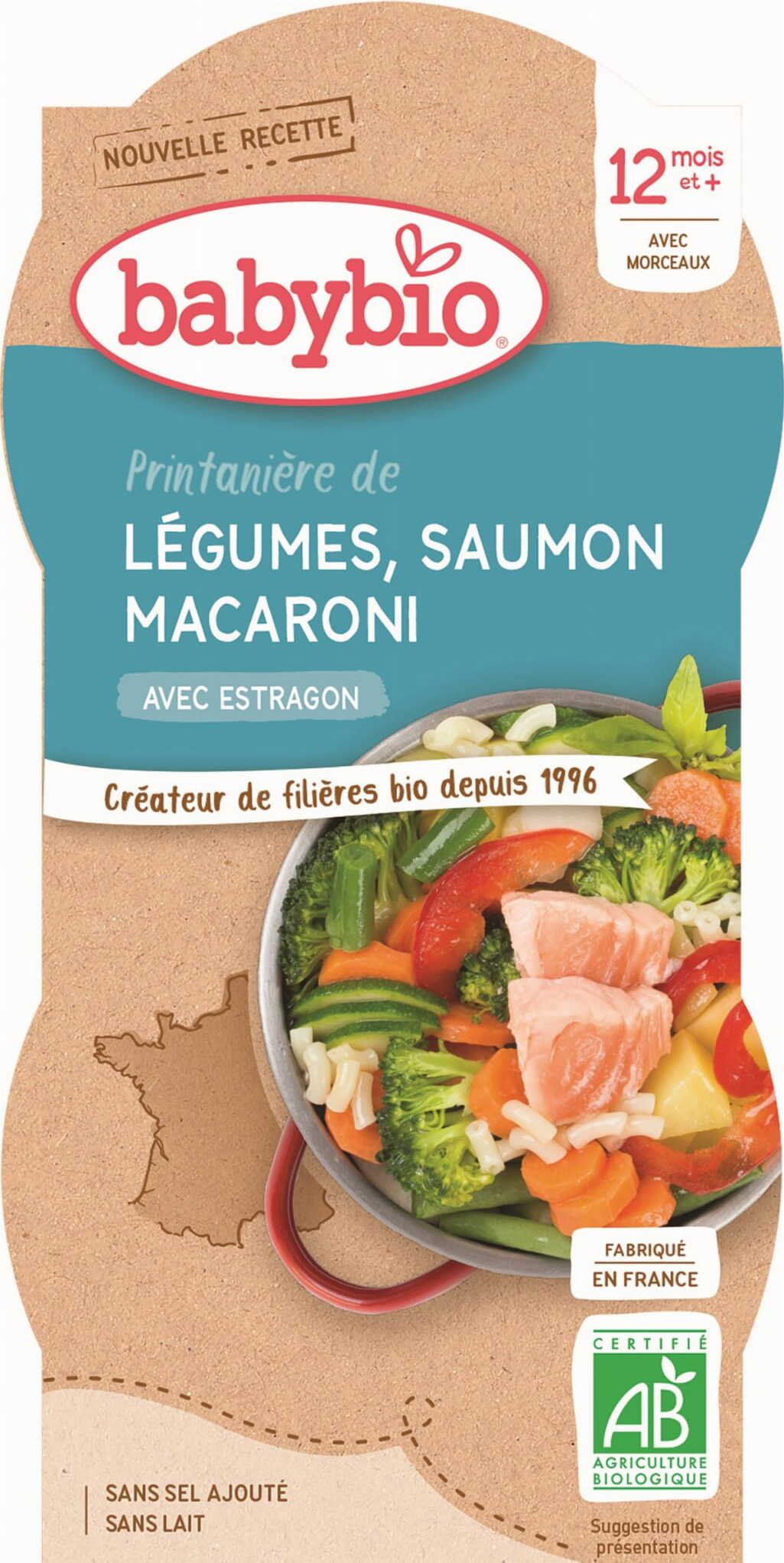 Nudelgericht mit Lachs und Gemüse für Babys ab 12 Monaten, BIO, 2x200 g, von BABYBIO, auf einem Teller serviert.