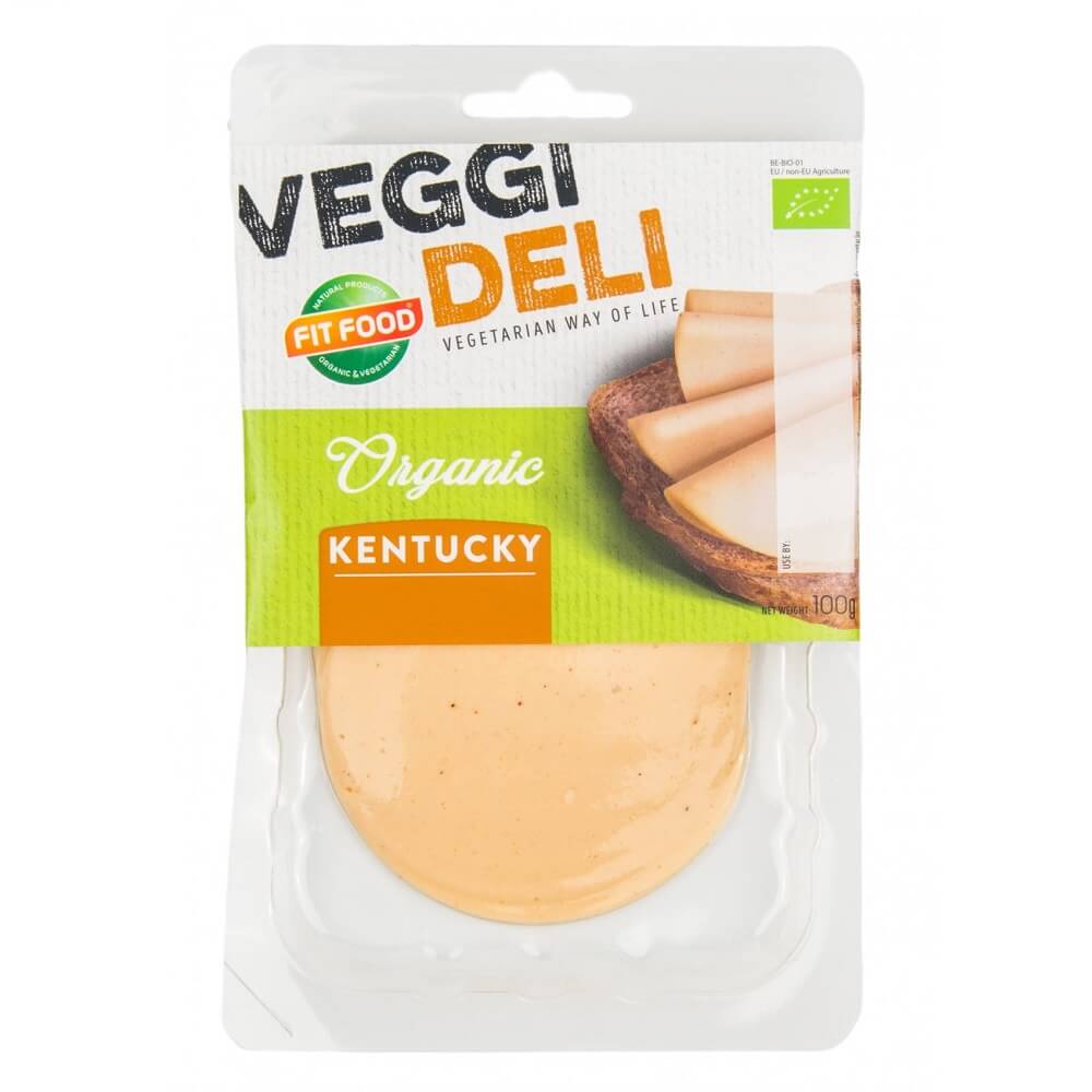 Vegetarische BIO-Kentucky-Würstchen in Scheiben von VEGGI DELI, 100 g, auf weißem Hintergrund.