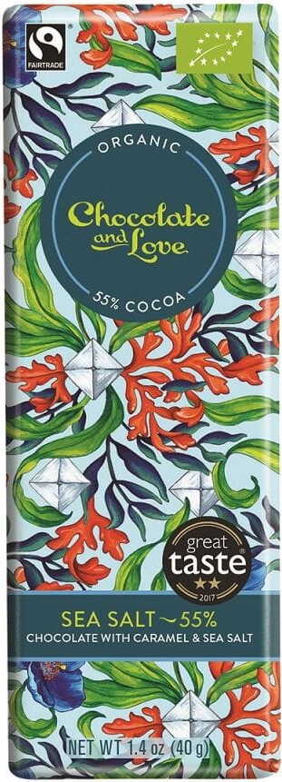 Schweizer dunkler Schokoladenriegel von CHOCOLATE AND LOVE mit Karamellstückchen und Meersalz, fair gehandelt, 40 g.