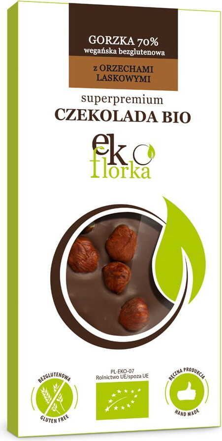 EKOFLORKA Bio Bitterschokolade mit Haselnüssen, glutenfrei, 85 g, dunkle Schokolade mit Haselnüssen, natürliche Zutaten