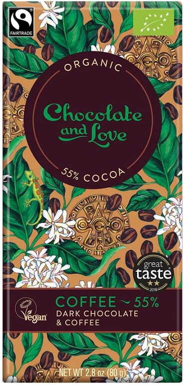 Schweizer Zartbitterschokolade mit fair gehandeltem Bio-Kaffee, 80 g, von Chocolate and Love, zeigt die Schokoladentafel mit Kaffee.