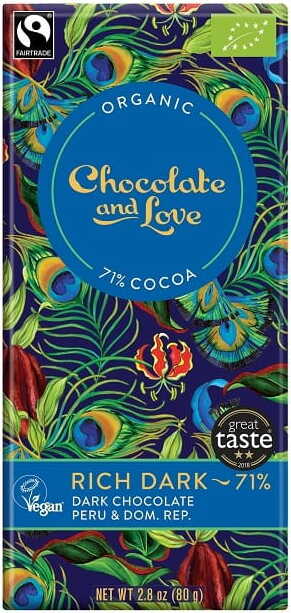 Schweizer Zartbitterschokolade 71% von Chocolate and Love, fair gehandelt, BIO, 80 g, mit dunkler Schokolade in der Packung