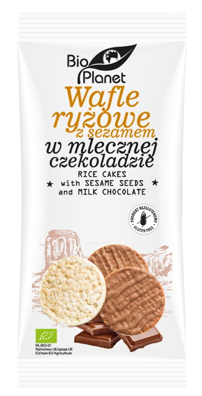 Reiskuchen mit Sesam in Milchschokolade, glutenfrei, BIO PLANET, 100 g, leckerer Snack in Verpackung.