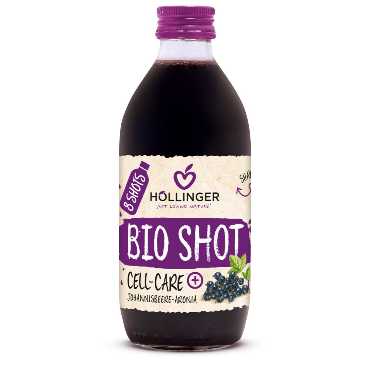 Schwarze Johannisbeere Fruchtshot von HÖLLINGER, Aronia Antioxidans BIO, 330 ml Flasche mit dunkler Fruchtfüllung