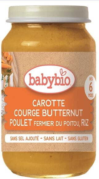Babynahrung von BABYBIO: Reis mit Huhn, Karotte und Butternusskürbis, glutenfrei, biologisch, ab 6 Monaten, 200 g.