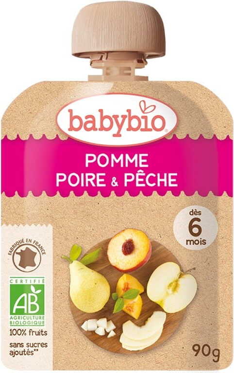 Bauchfreundliches Baby-Glas mit Tafelapfel, Birne und Pfirsich, glutenfrei, biologisch, ab 6 Monaten, 90 g von BABYBIO