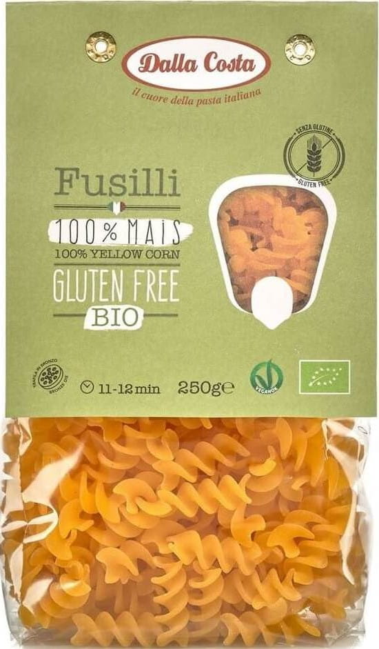 Bunte glutenfreie Mais-Fusilli-Nudeln von DALLA COSTA, Bio-Qualität, 250 g, rotes und gelbes Pasta-Produkt in Schüssel