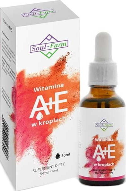 Vitamin A + E Tropfen von SOUL FARM in 30 ml Flasche, sichtbarer Tropfenbehälter mit klarer Flüssigkeit.