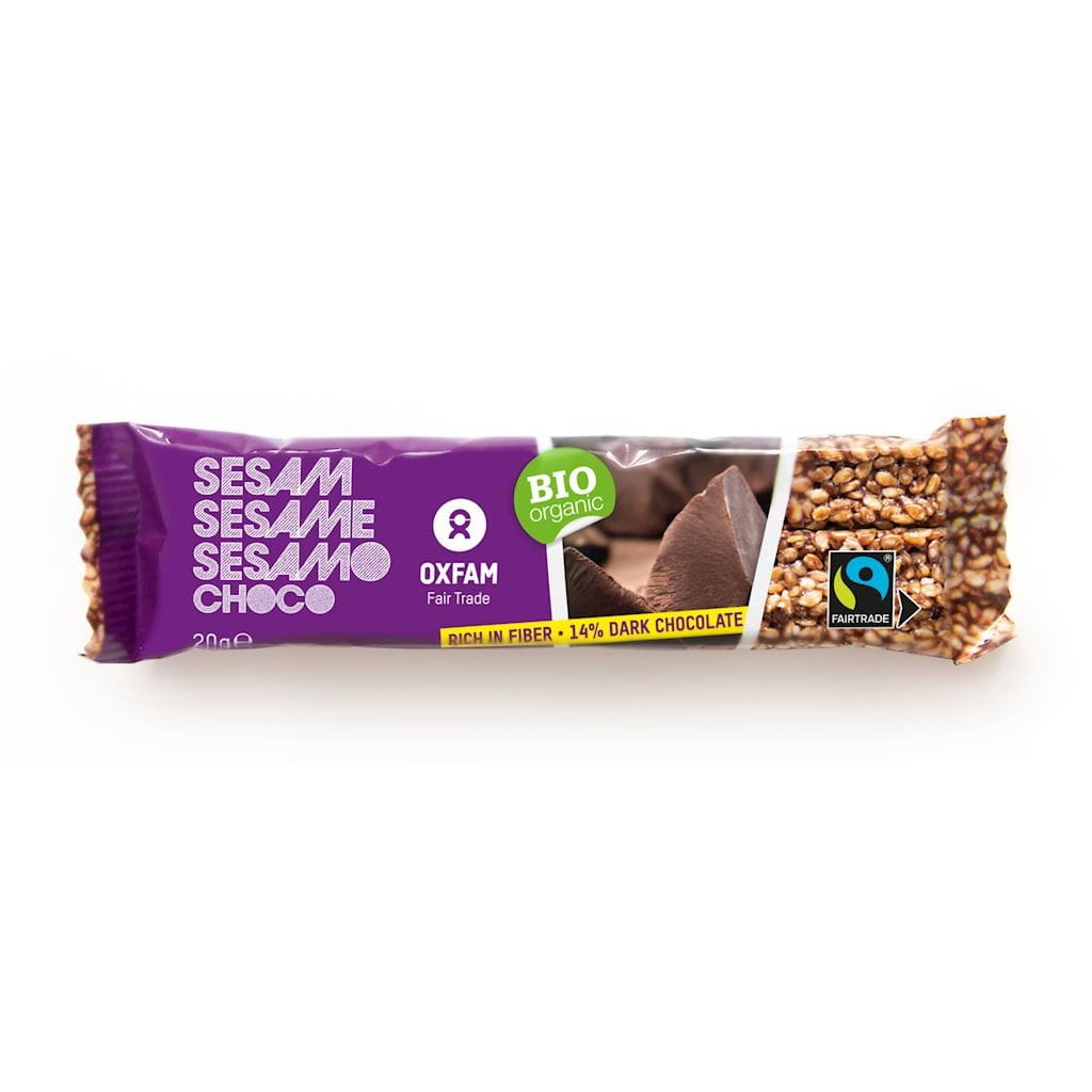 Sesamriegel mit dunkler Bio-Schokolade von OXFAM, fair gehandelt, 20 g, zeigt den Riegel mit Sesam und Schokolade.