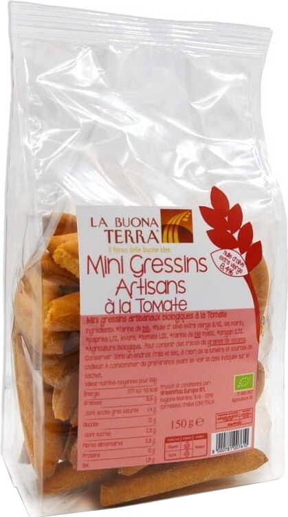 Mini-Grissini mit Tomate und Oregano, Bio, 150 g, von LA BUONA TERRA, knusprige Snacks in einer transparenten Verpackung