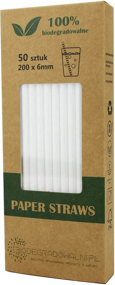 Weiße Papierstrohhalme von BIODEGRADOWALNI, 50 Stück, biologisch abbaubar, umweltfreundliche Trinkhalme aus Papier.
