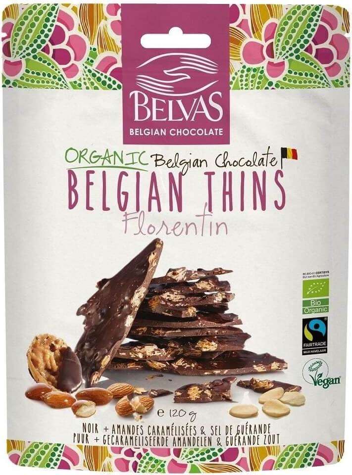 Zartbitterschokoladenstücke mit karamellisierten Mandeln von BELVAS, glutenfrei, fair gehandelt, BIO, 120 g