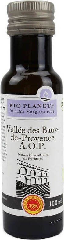 Bio natives Olivenöl extra aus dem Tal Vallee des Baux, Provence, 100ml, von BIO PLANETE, in Flasche mit Oliven und Olivenhain.