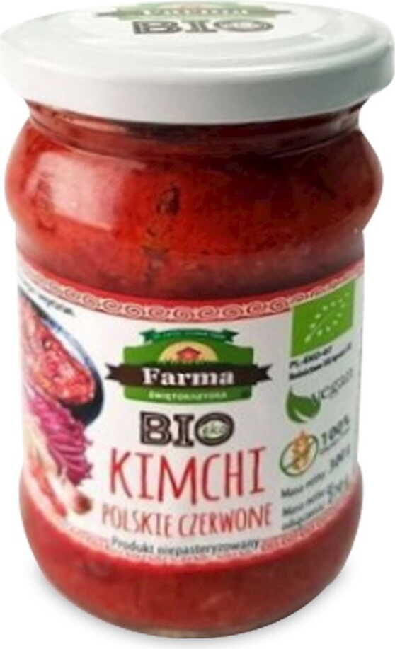 Rotes Bio-Kimchi von FARMA ŚWIĘTOKRZYSKA, glutenfrei, 300 g, fermentiertes koreanisches Gemüse in einem Glas.