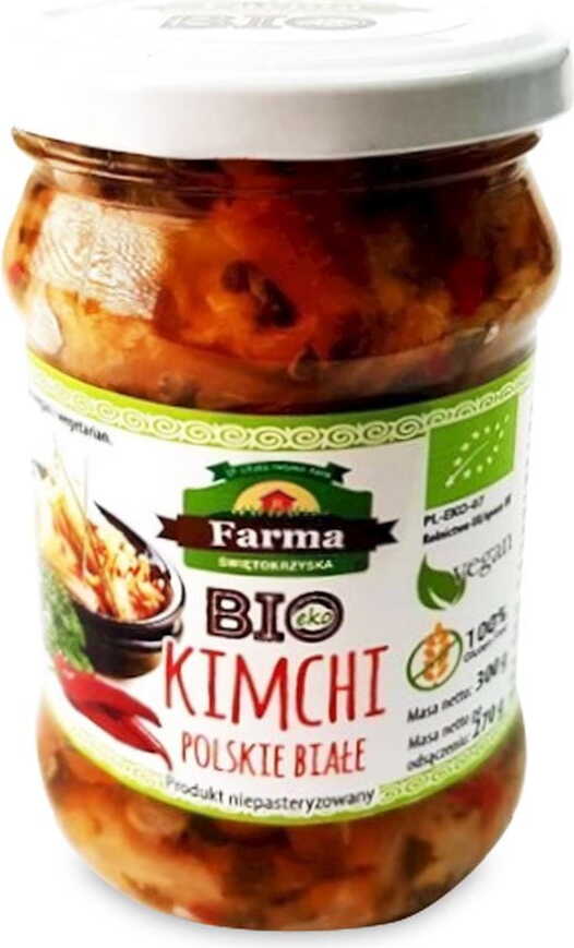 Weißes Bio-Kimchi ohne Gluten von FARMA ŚWIĘTOKRZYSKA, 300 g, frisches fermentiertes koreanisches Gemüse in Glas.