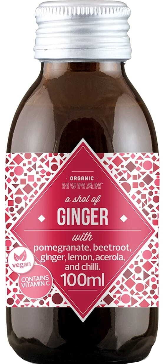 Bio Fruit Shot mit Granatapfel, Rote Bete, Ingwer und Chili in 100 ml Flasche von ORGANIC HUMAN, frisch und natürlich.