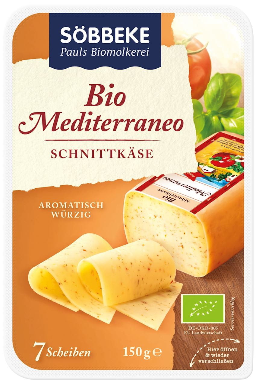 Scheiben von SOBBEKE Bio-Käse mit Gewürzen und Kräutern, gereift, 150 g, frische und aromatische Käsescheiben.