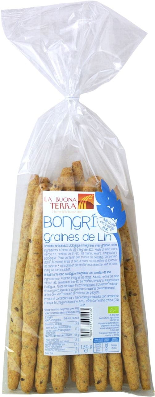 Vollkorn-Grissini-Brotfinger mit Leinsamen von LA BUONA TERRA, biologisch, knuspriges Snack mit Leinsamen, 150 g