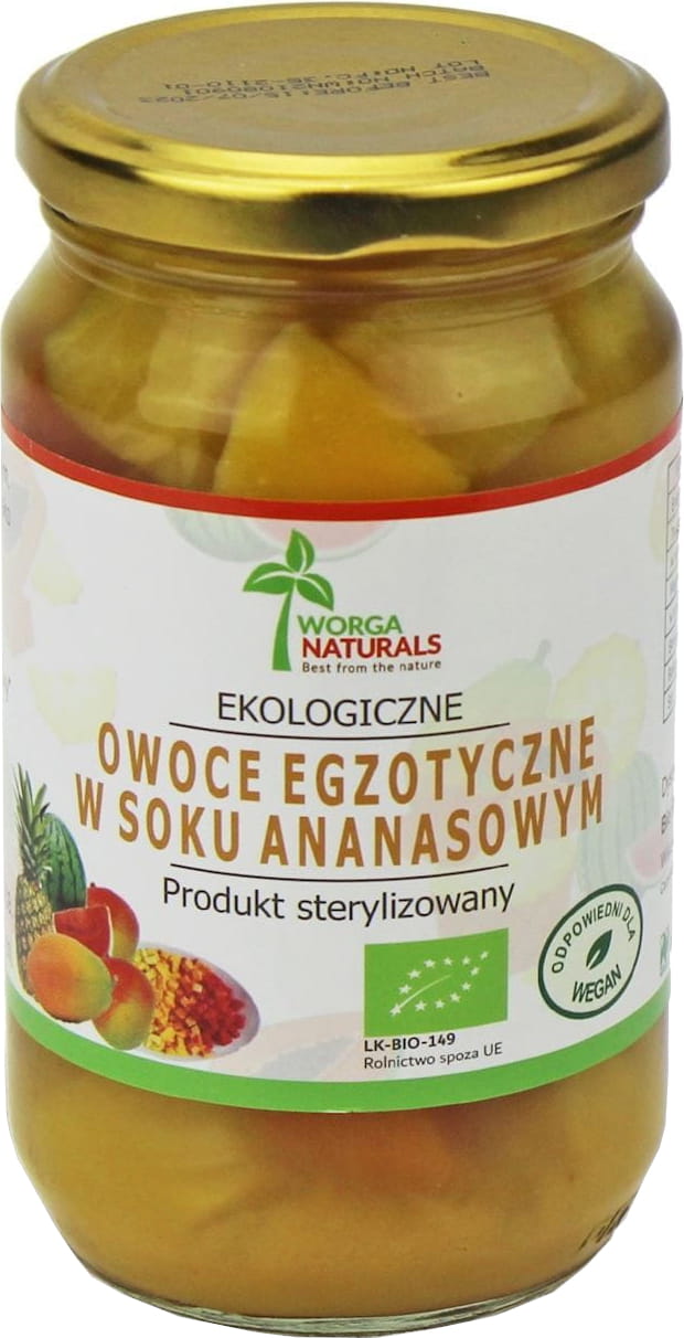 Bunte exotische Früchte in Ananassaft aus Glas, BIO-Qualität von WORGA NATURALS, frisch und fruchtig in einer 350 g Verpackung