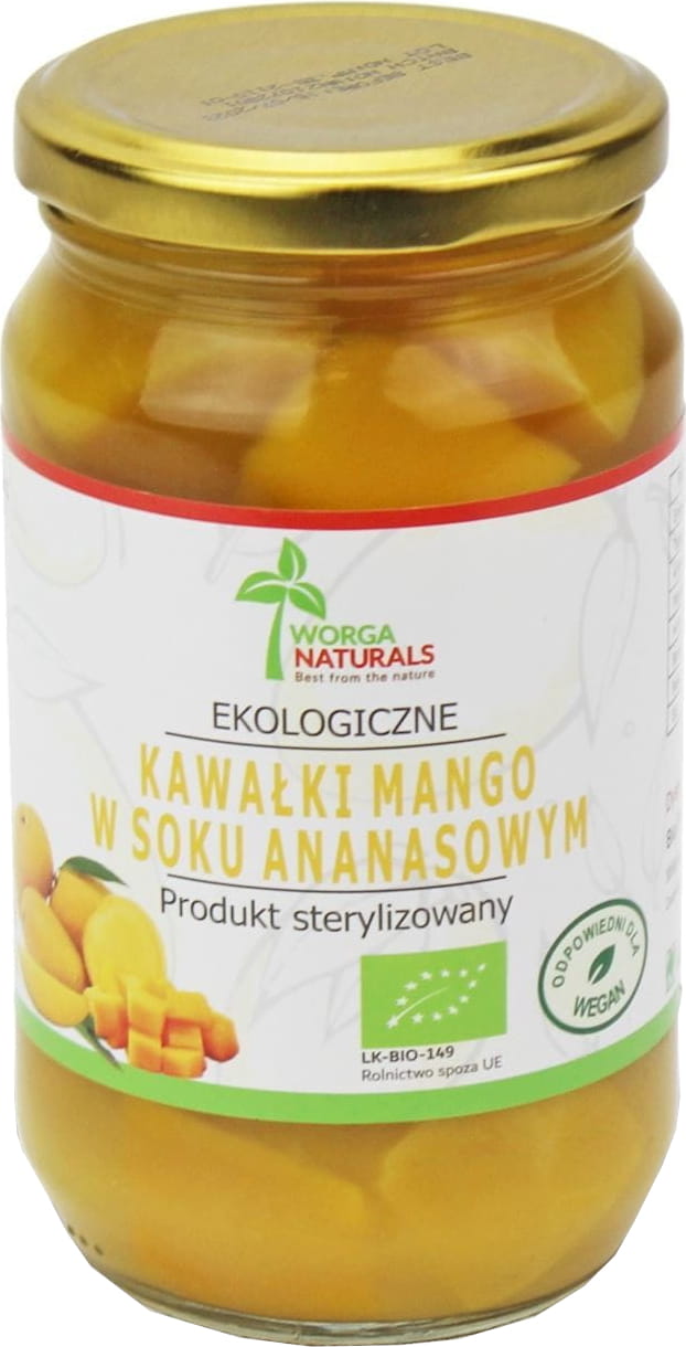 Bio Mangostücke in Ananassaft von WORGA NATURALS, glas, 350 g (200 g), frisch und saftig in fruchtigem Saft.