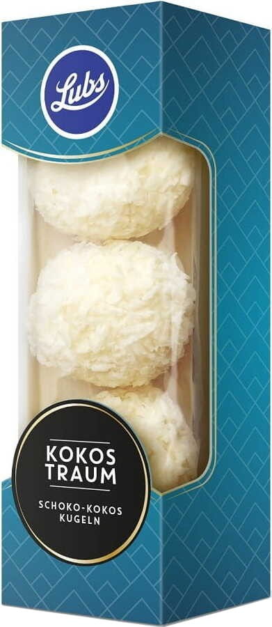 Weiße Bio-Kokospralinen von LUBS, glutenfrei, in Verpackung mit mehreren Stückeln, auf weißem Hintergrund.
