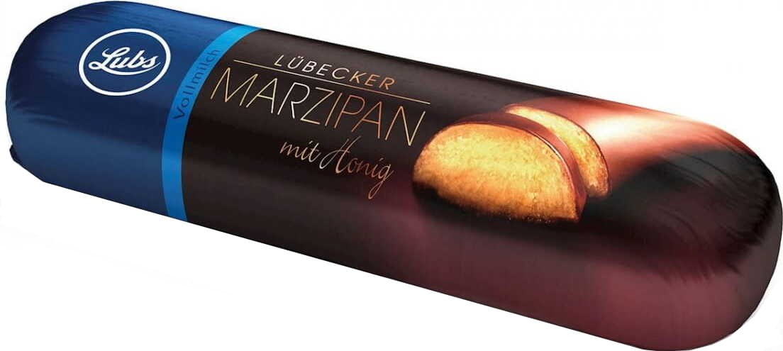 Marzipan mit Liebstöckel in Milchschokolade, BIO, 50 g von LUBS, detailreiche Nahaufnahme des Schokoladenstücks