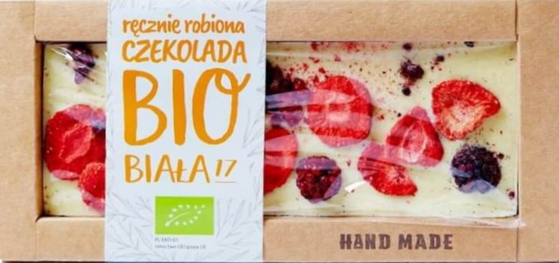 Weiße Schokolade mit Erdbeeren und Brombeeren, BIO, 53 g, von STAROPOLSKA SÜSSWAREN, mit fruchtigen Beeren und cremiger Schokolade