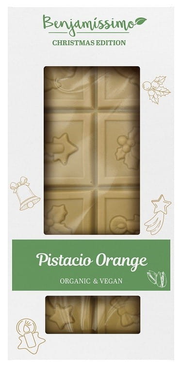 Weiße vegane Weihnachtsschokolade von BIOBENJAMIN mit Pistazien- und Orangengeschmack, 60 g, BIO-Qualität, auf Bild sichtbar