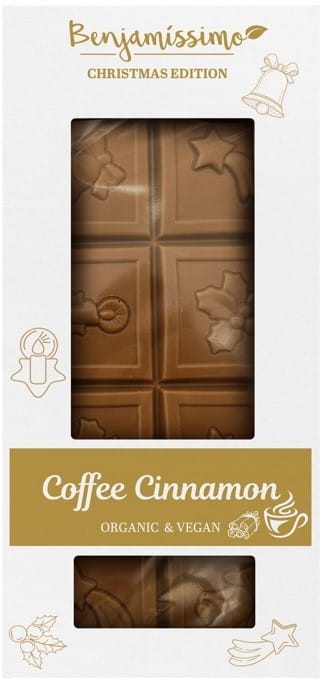 Weiße vegane Weihnachtsschokolade mit Kaffee-Zimt-Geschmack in BIOBENJAMIN Verpackung, 60 g, Bioqualität, fest und schön verziert