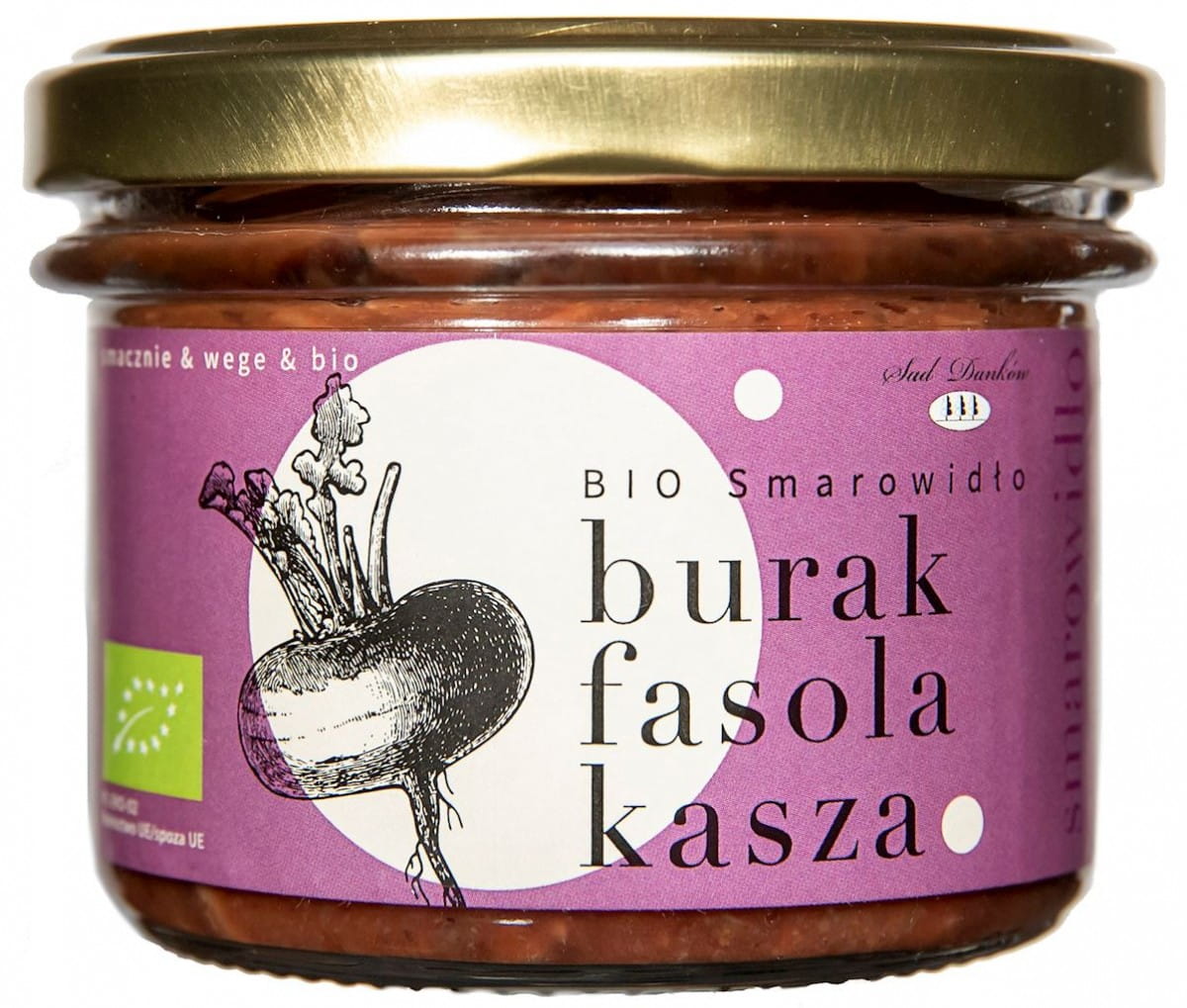 Rote-Bete-Bohnen-Hirse-Aufstrich von SAD DANKÓW in 180 g Schüssel, zeigt den cremigen, roten Aufstrich mit Bohnen, Rote Bete und Hirse