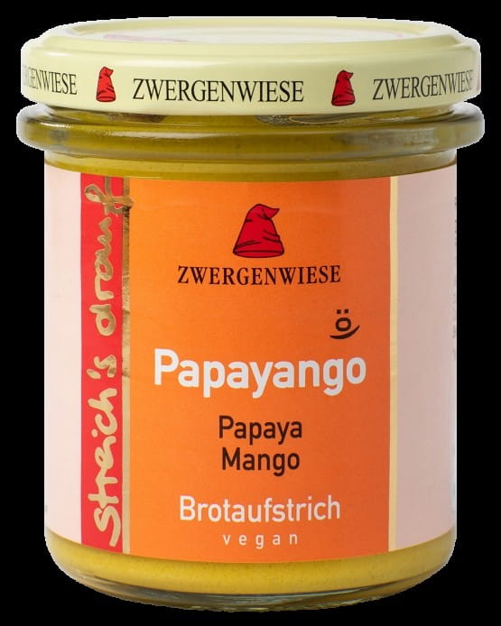 Sonnenblumenpaste mit Mango und Papaya, glutenfrei, BIO, ZWERGENWIESE, in 160 g Glas, cremige Fruchtaufstrich mit bunten Früchten