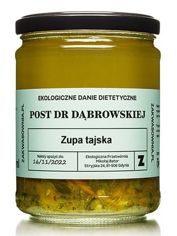 Thailändische Bio-Diätsuppe von ZAKWASOWNIA in 540 ml, enthält frische Kräuter und Gewürze, zeigt die Suppe in einer Schüssel