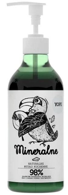 Natürliche mineralische Küchenseife von YOPE in einer 500ml Flasche, mit grüner Verpackung und Gel-Textur.