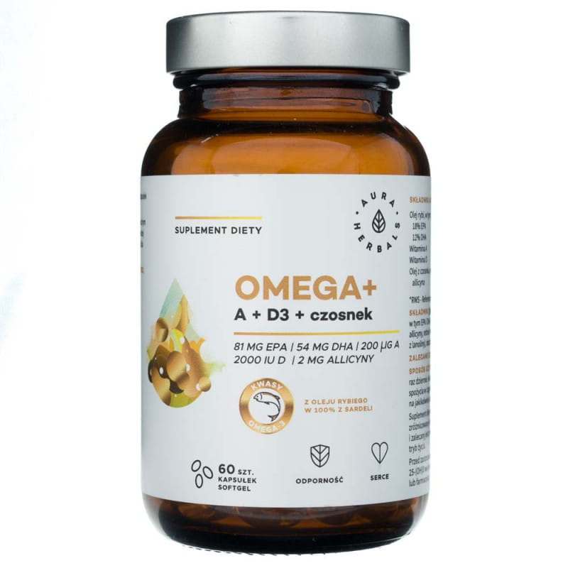 Omega + Vitamin A + Vitamin D3 + Knoblauch 60 Kapseln AURA HERBALS Softgel