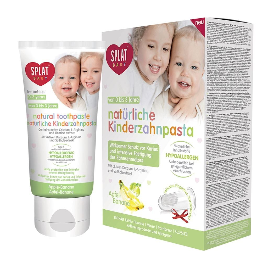 Kinder-Zahnpasta von SPLAT für 0-3 Jahre mit Apfel-Banane-Geschmack, ohne Fluorid, 40 ml, inklusive Silikon-Fingerbürste