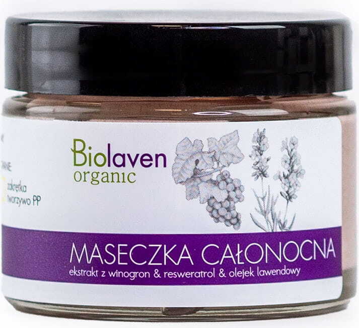 Nachtmaske mit Traubenextrakt, Resveratrol und Lavendelöl, 45ml, von BIOLAVEN SYLVECO, cremige Textur in Glasbehälter