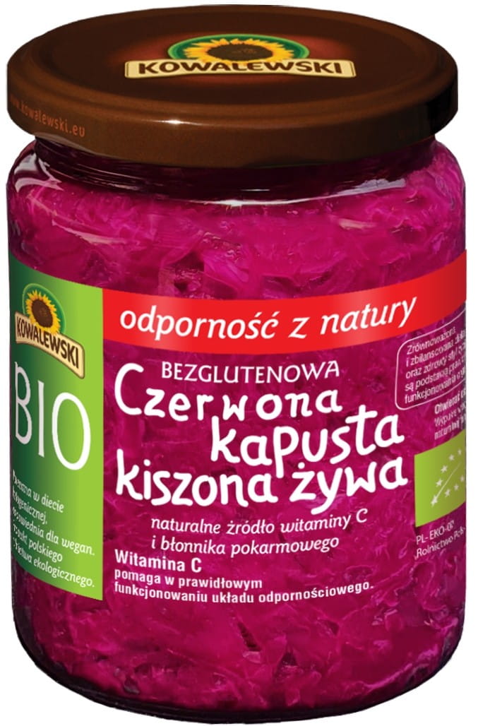 Lebendes rotes Sauerkraut von KOWALEWSKI, glutenfrei, biologisch, nicht pasteurisiert, 400 g, in einer Schüssel auf einem Holztisch.