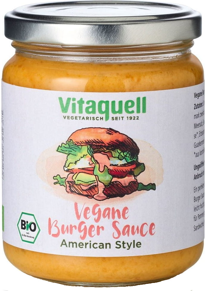 Vegane Burgersauce nach amerikanischer Art von VITAQUELL in 235 ml Flasche, cremige braune Sauce für Burger und Sandwiches