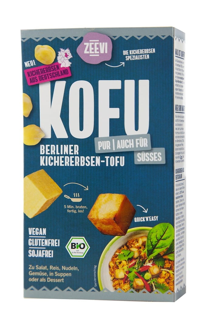 Natürliches, glutenfreies Kofu BIO von ZEEVI in 200 g Verpackung, zeigt die braune, körnige Textur des Kofu.