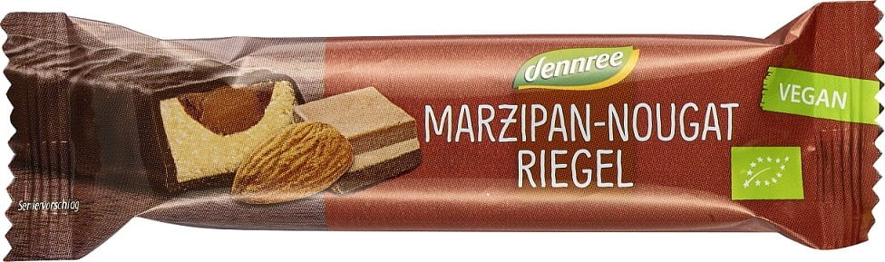 Marzipanriegel mit Nougatfüllung in Zartbitterschokolade von DENNREE, bio, 40 g, zeigt das verführerische Schokoladen- und Nuss-Design