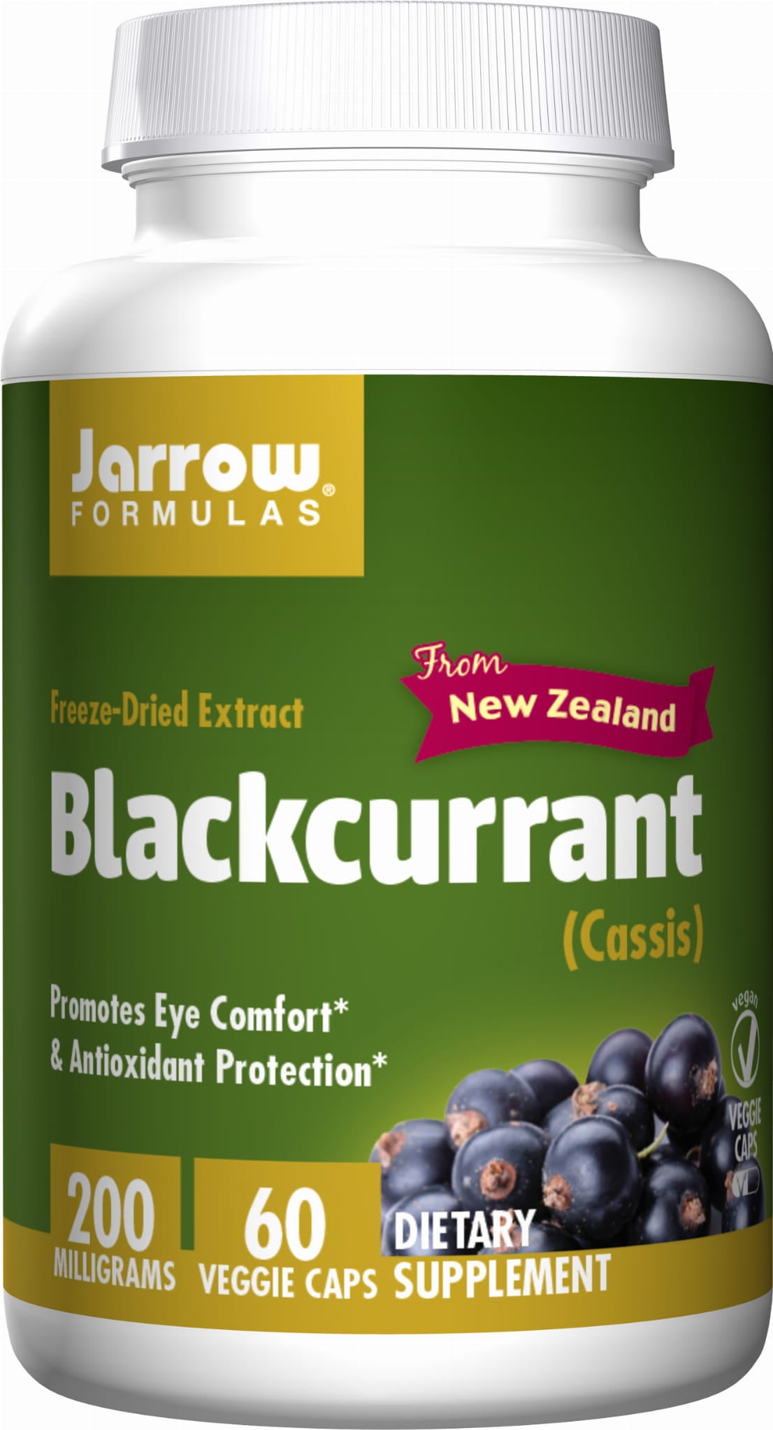 Schwarze Johannisbeere Kapseln von JARROW FORMULAS, 60 Stück, Nahaufnahme der schwarzen Beeren in der Verpackung